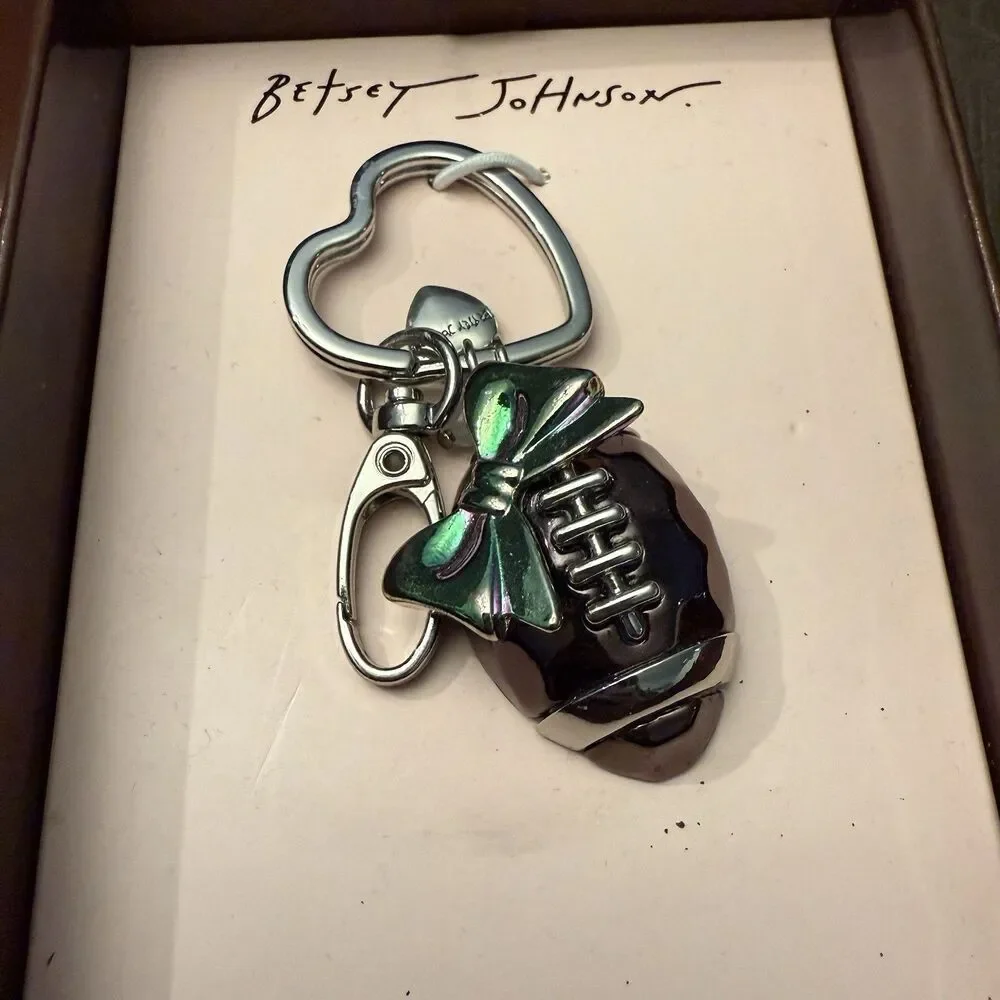 Betsey Johnson Game Day Football Bag Charm Key Chain with Iridescent Bow New - Picture 2 of 5